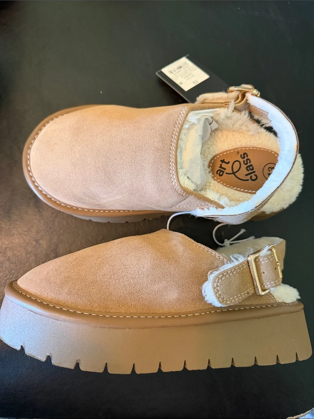 art class Tan Suede Faux-Shearling Clog Mules with Buckle size 13